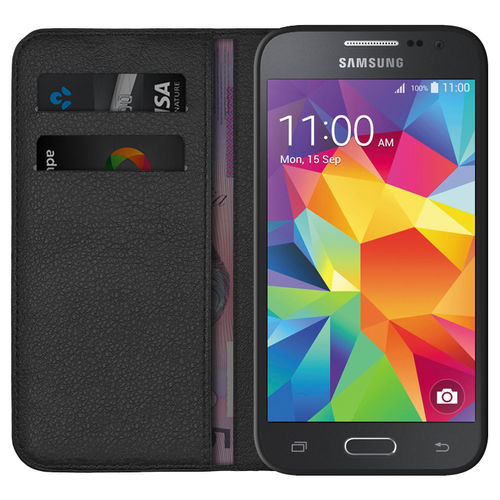 Leather Wallet Case & Card Holder Pouch for Samsung Galaxy Core Prime - Black