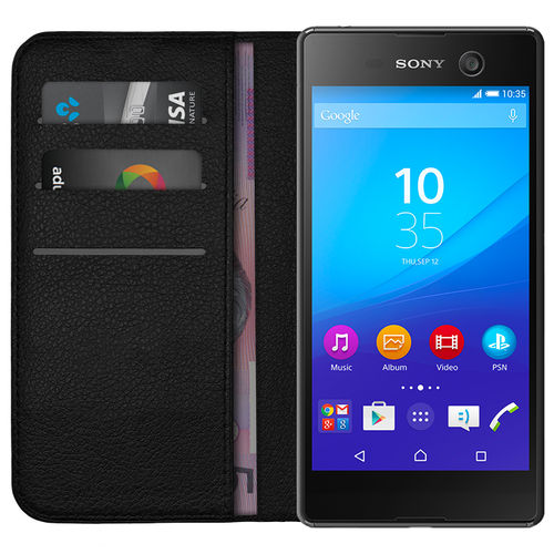 Leather Wallet Case & Card Holder Pouch for Sony Xperia M5 - Black
