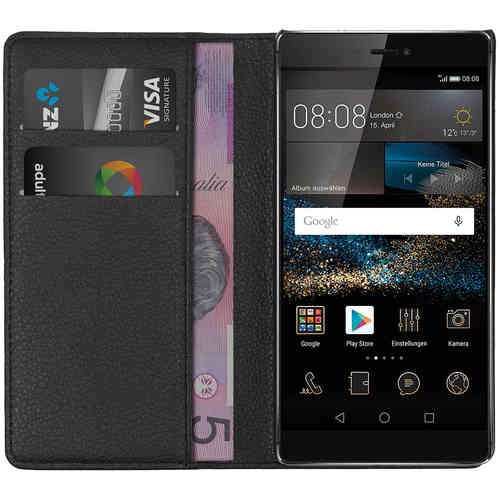 Leather Wallet Case & Card Holder Pouch for Huawei P8 - Black