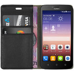 Leather Wallet Case & Card Holder Pouch for Huawei Y625 (Black)