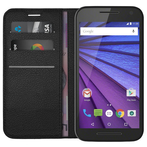 Leather Wallet Case & Card Holder Pouch for Motorola Moto G (3rd Gen) - Black