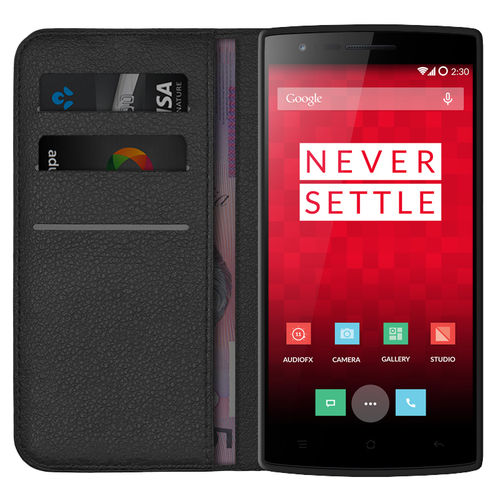 Leather Wallet Case & Card Holder Pouch for OnePlus One - Black