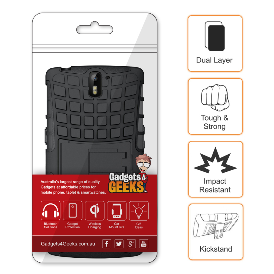Dual Layer Rugged Tough Shockproof Case & Stand for OnePlus One - Black
