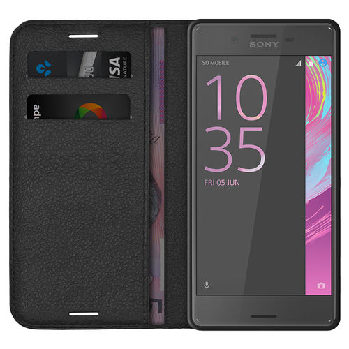Leather Wallet Case & Card Holder Pouch for Sony Xperia X Performance - Black