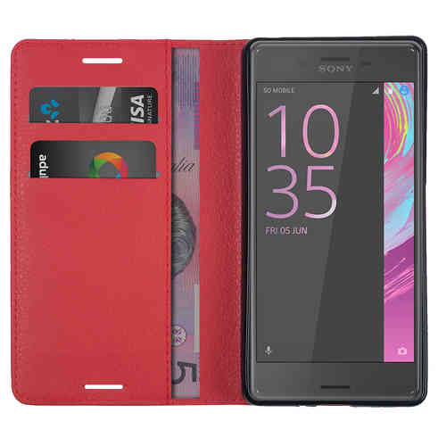 Leather Wallet Case & Card Holder Pouch for Sony Xperia X Performance - Red