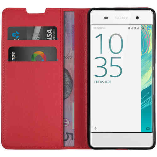Leather Wallet Case & Card Holder Pouch for Sony Xperia XA - Red