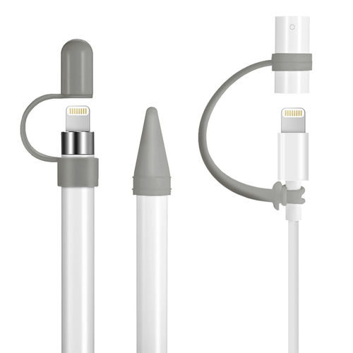 (3-in-1) Silicone Lid Cap / Nib Tip Protector / Anti-Lost Strap Cable for Apple Pencil - Grey