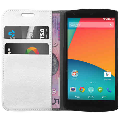 Leather Wallet Flip Case & Card Holder for Google Nexus 5 - White