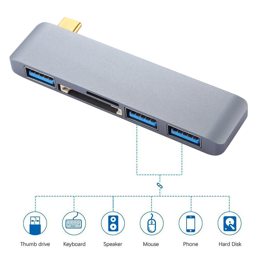 (5-in-1) USB Type-C / 3x USB 3.0 / MicroSD Card Reader / Adapter Hub for MacBook
