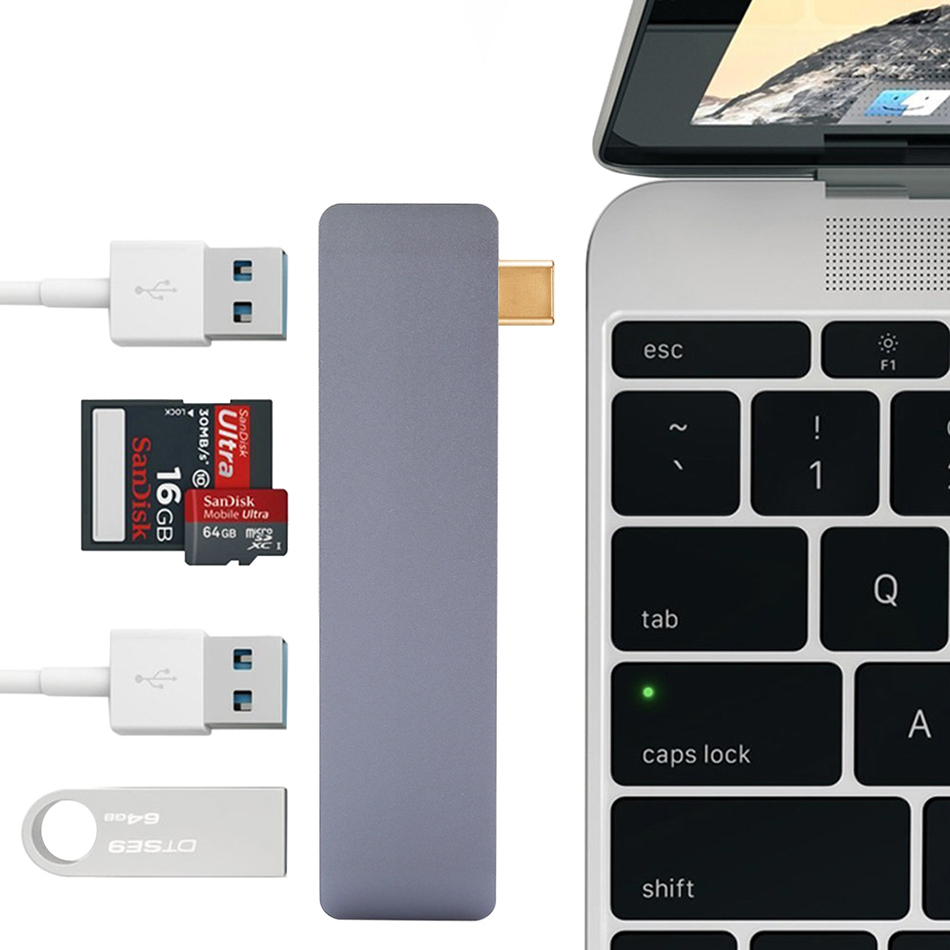 (5-in-1) USB Type-C / 3x USB 3.0 / MicroSD Card Reader / Adapter Hub for MacBook