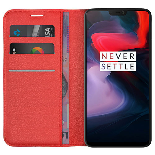 Leather Wallet Case & Card Holder Pouch for OnePlus 6 - Red