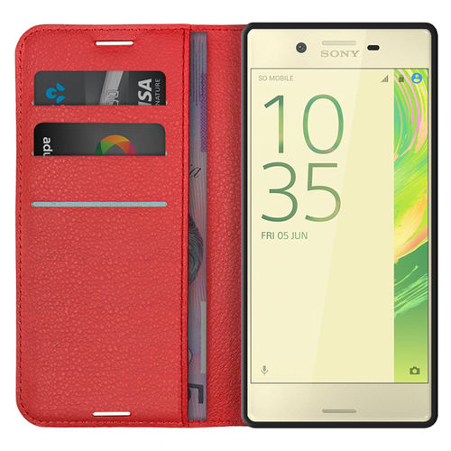 Leather Wallet Case & Card Holder Pouch for Sony Xperia X - Red