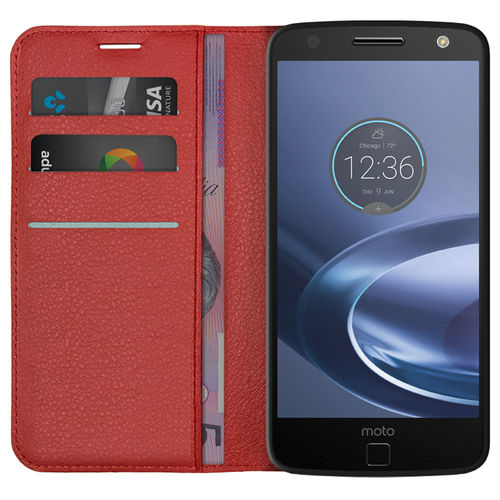 Leather Wallet Case & Card Holder Pouch for Motorola Moto Z Force - Red