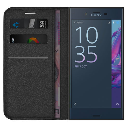 Leather Wallet Case & Card Holder Pouch for Sony Xperia XZ - Black