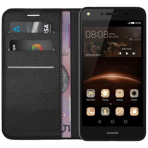 Leather Wallet Case & Card Holder Pouch for Huawei Y6 Elite / Y5II - Black