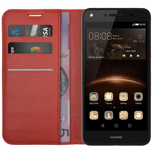Leather Wallet Case & Card Holder Pouch for Huawei Y6 Elite / Y5II - Red