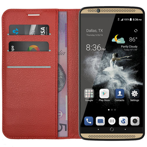 Leather Wallet Case & Card Holder Pouch for ZTE Axon 7 Mini - Red