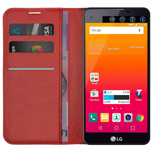 Leather Wallet Case & Card Pouch for Telstra Signature Enhanced / LG K500K - Red