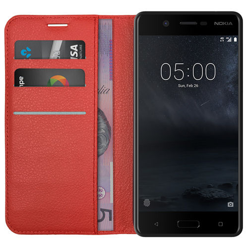 Leather Wallet Case & Card Holder Pouch for Nokia 5 - Red
