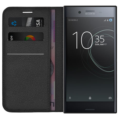 Leather Wallet Case & Card Holder Pouch for Sony Xperia XZ Premium - Black