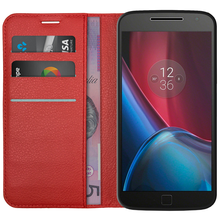 Leather Wallet Case & Card Holder Pouch for Motorola Moto G4 Plus - Red