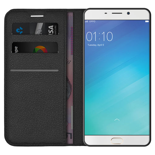 Leather Wallet Case & Card Holder Pouch for Oppo R9 Plus - Black