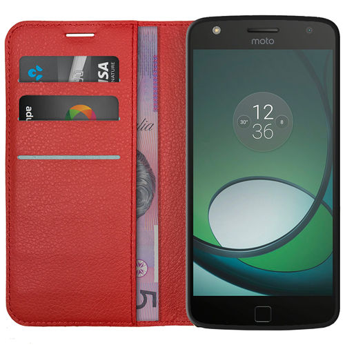 Leather Wallet Case & Card Holder Pouch for Motorola Moto Z Play - Red