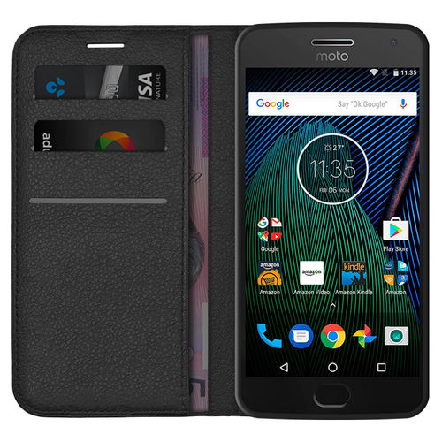 Leather Wallet Case & Card Holder Pouch for Motorola Moto G5 Plus - Black