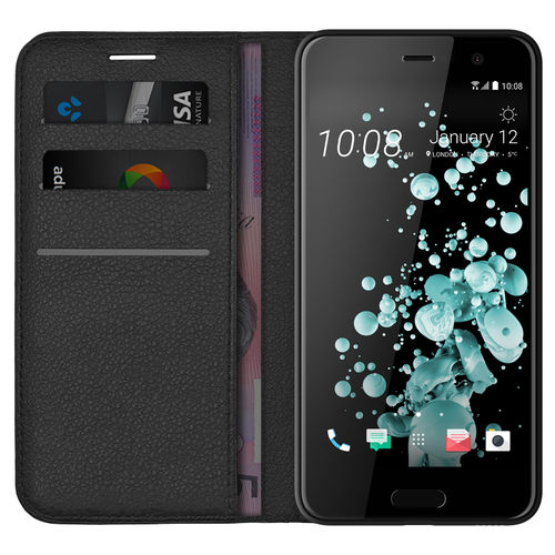 Leather Wallet Case & Card Holder Pouch for HTC U Play - Black
