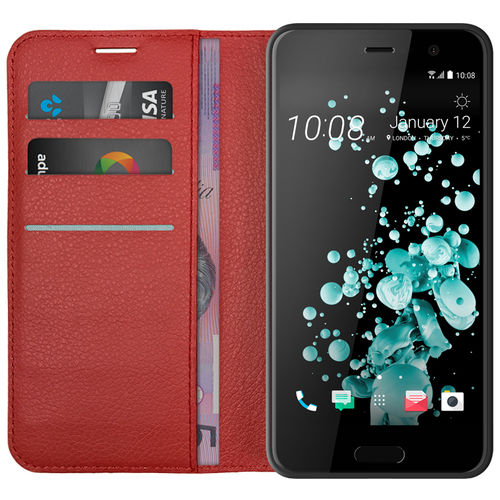 Leather Wallet Case & Card Holder Pouch for HTC U Play - Red