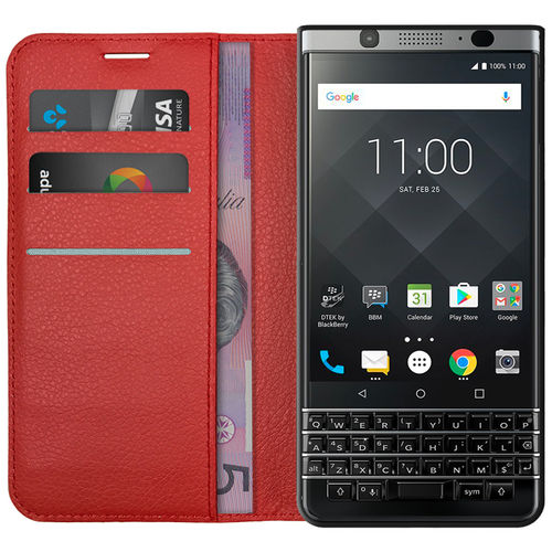 Leather Wallet Case & Card Holder Pouch for BlackBerry KEYone - Red