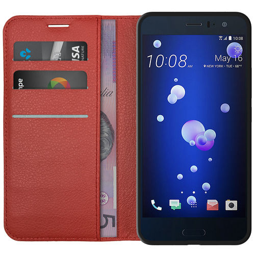 Leather Wallet Case & Card Holder Pouch for HTC U11 - Red