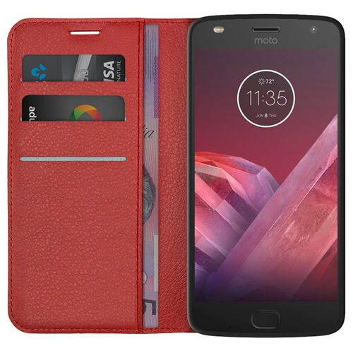 Leather Wallet Case & Card Holder Pouch for Motorola Moto Z2 Play - Red