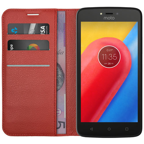 Leather Wallet Case & Card Holder Pouch for Motorola Moto C - Red