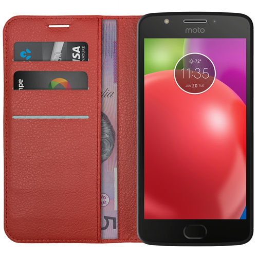 Leather Wallet Case & Card Holder Pouch for Motorola Moto E4 - Red