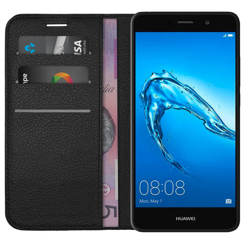 Leather Wallet Case & Card Holder Pouch for Huawei Y7 (Black)