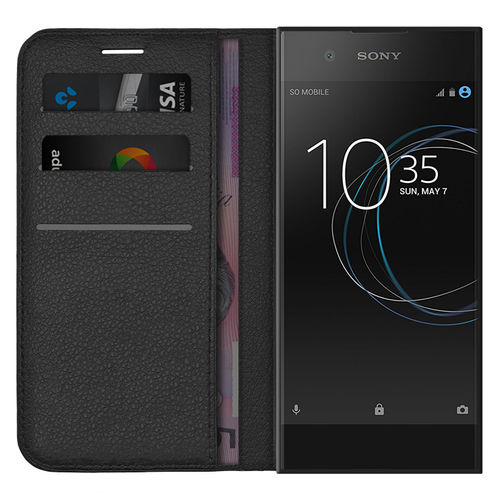 Leather Wallet Case & Card Holder Pouch for Sony Xperia XA1 - Black