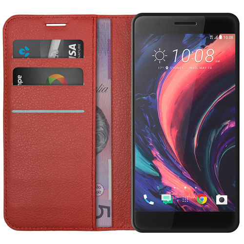 Leather Wallet Case & Card Holder Pouch for HTC One X10 - Red