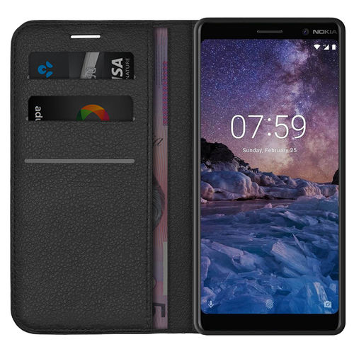Leather Wallet Case & Card Holder Pouch for Nokia 7 Plus - Black