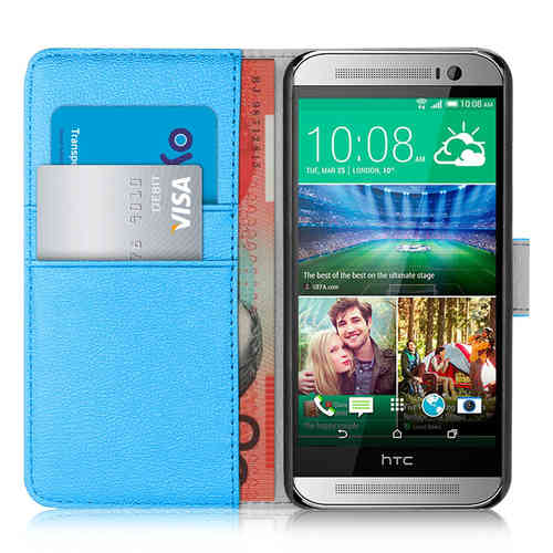 Orzly Leather Wallet Case & Card Holder Pouch for HTC One M8 - Light Blue