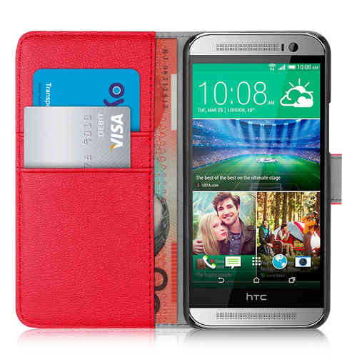 Orzly Leather Wallet Case & Card Holder Pouch for HTC One M8 - Red