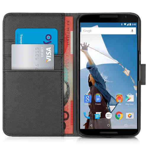 Orzly Leather Wallet Case & Card Holder Pouch for Google Nexus 6 - Black