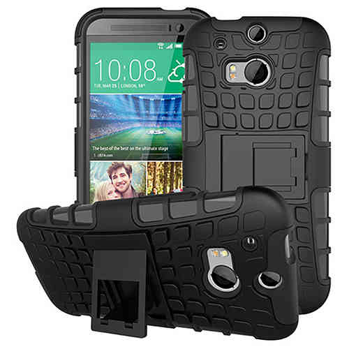 Dual Layer Rugged Tough Shockproof Case & Stand for HTC One M8 - Black