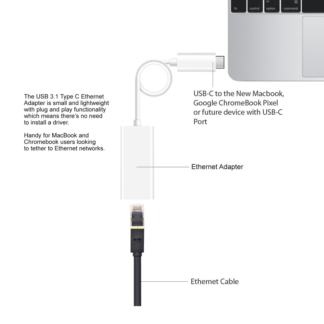 Short USB Type-C to Ethernet (RJ45) Adapter Cable (21cm) for Phone / Tablet / Laptop
