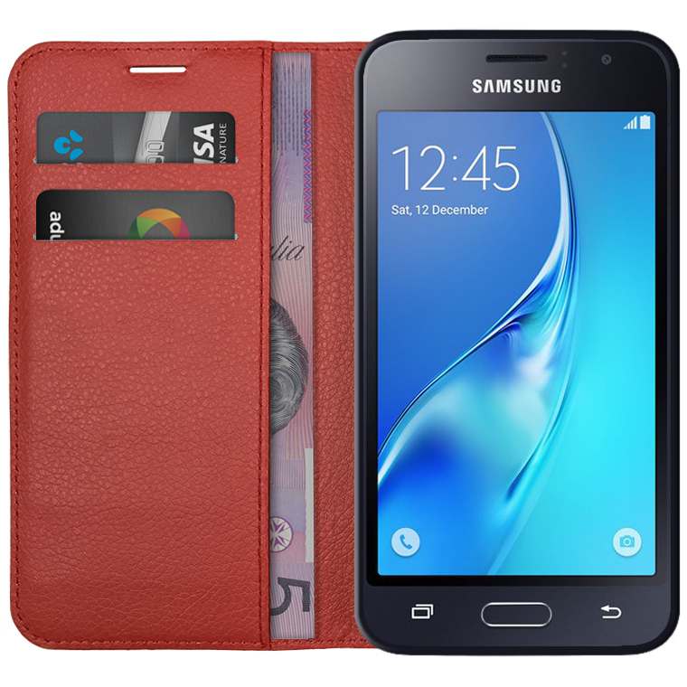 breed Distilleren creëren Leather Wallet Case for Samsung Galaxy J1 2016 (Red)