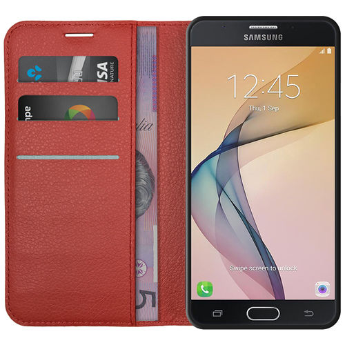 Leather Wallet Case & Card Holder Pouch for Samsung Galaxy J7 Prime - Red