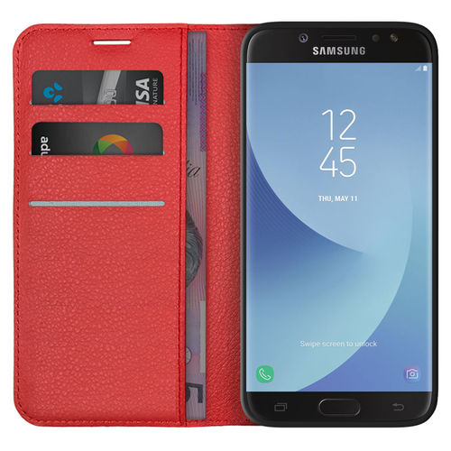 Leather Wallet Case & Card Holder Pouch for Samsung Galaxy J7 Pro - Red