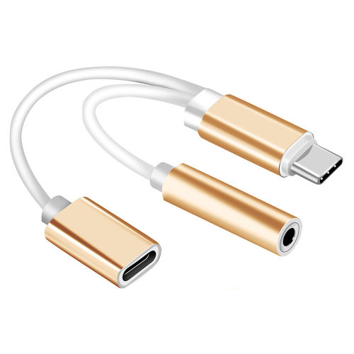 (2-in-1) USB-C (Type-C) to 3.5mm Headphone / Audio Adapter / Charging Cable - Gold