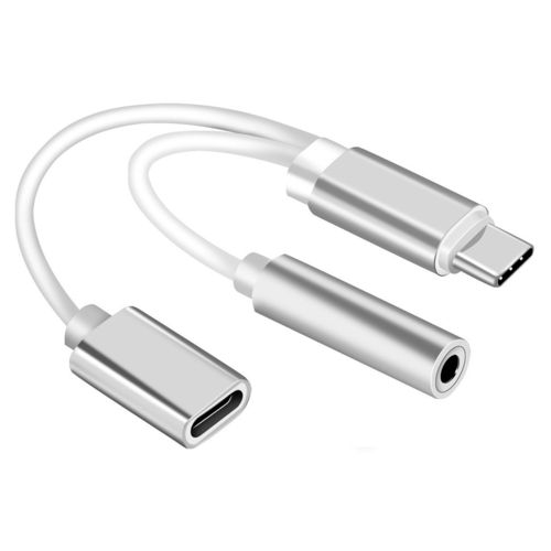 (2-in-1) USB-C (Type-C) to 3.5mm Headphone / Audio Adapter / Charging Cable - Silver