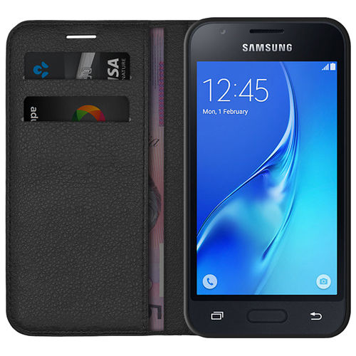 Leather Wallet Case & Card Holder Pouch for Samsung Galaxy J1 Mini - Black